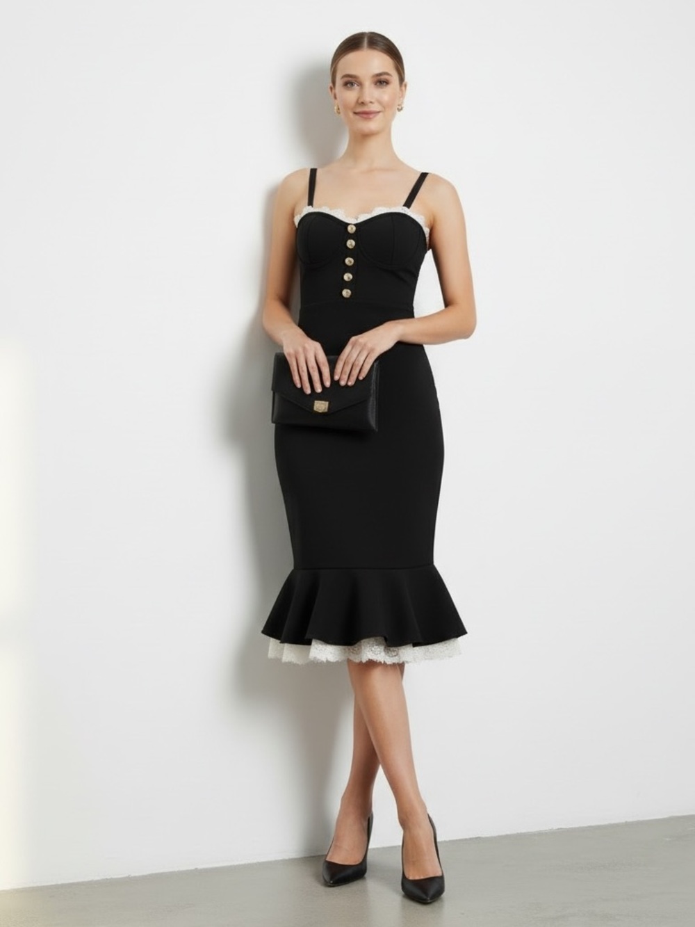 1637 • Black Fit & Flair Bandage Dress w/Lace Trim Gold Buttons